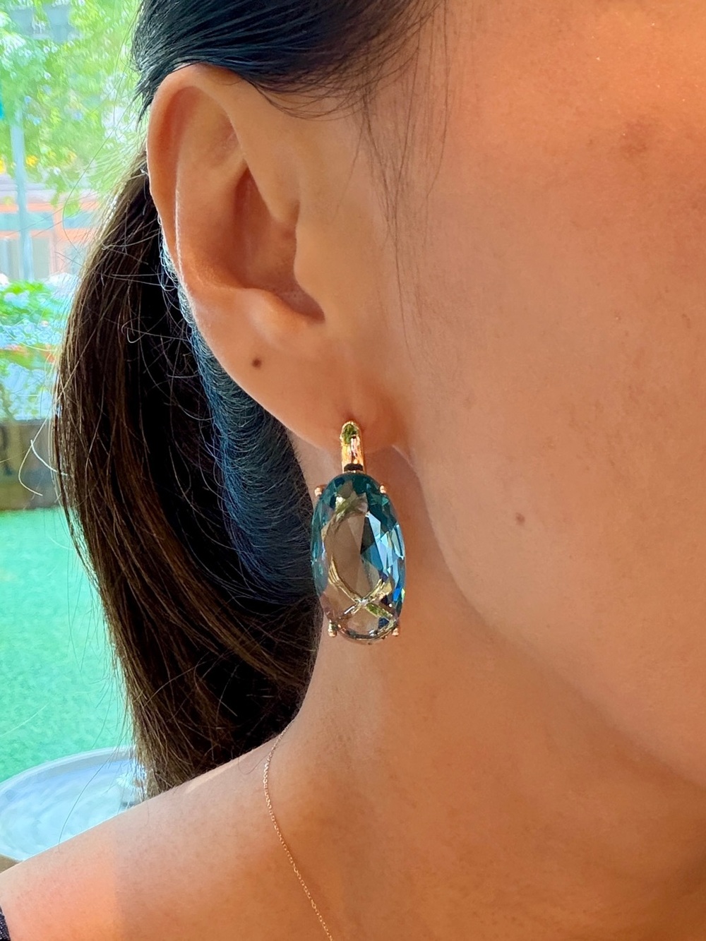 New Rose Gold Plated Oval Simulated Aquamarine Cocktail S925 Earrings